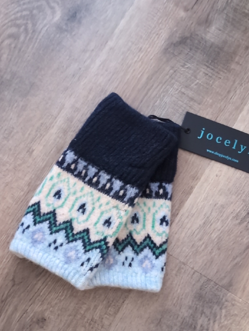 jocelyn Navy, Cream & Mint Fair Isle Knit Fingerless Mittens